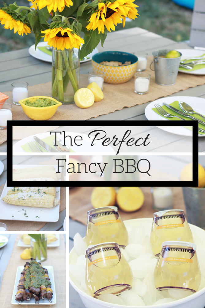The perfect fancy BBQ with stackable wine, chimichurri steak kabobs, healthy mexican corn and s'mores.