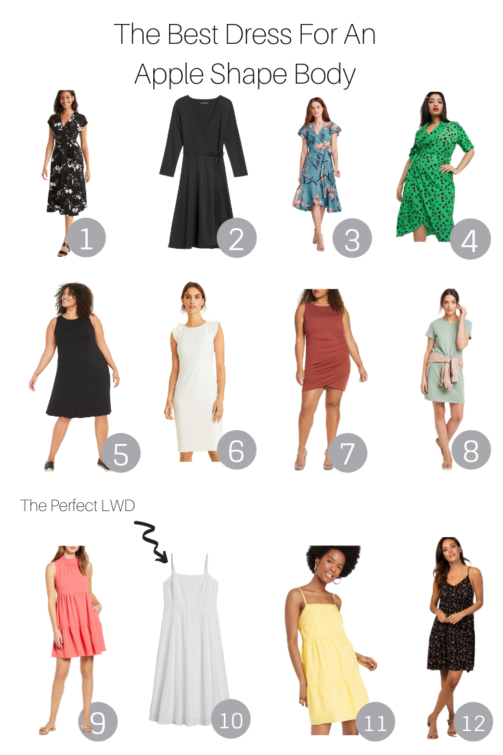The best dress for an apple body shape featured by the popular US Style Blogger, The Fashionista Momma; collage of dresses for an apple body shape